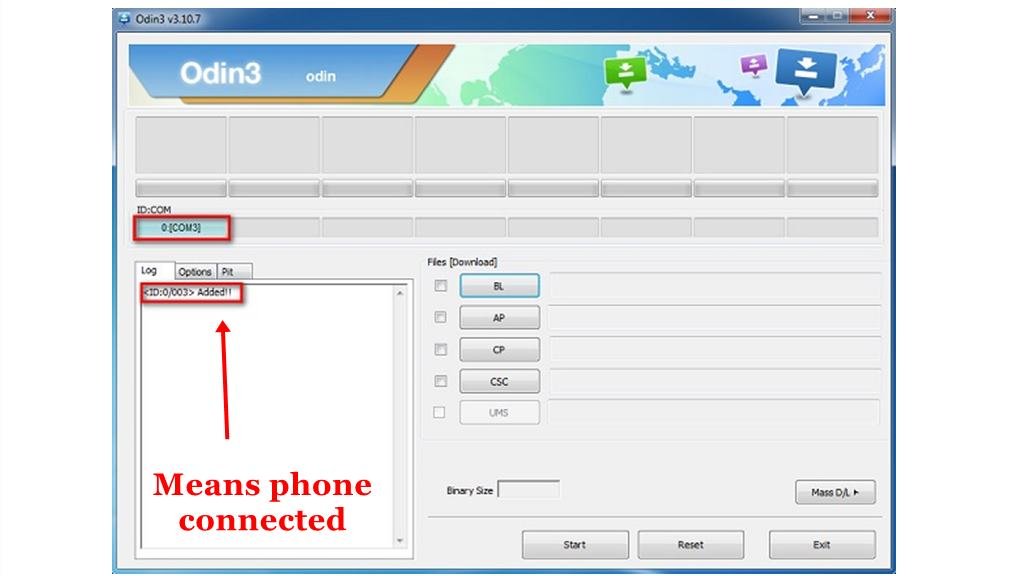 Samsung phone connected to Odin