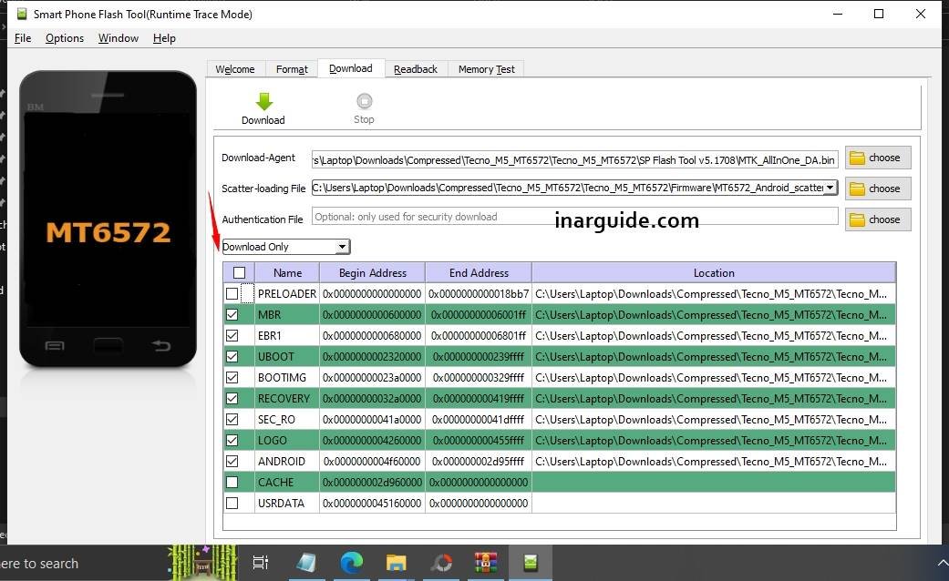 Unselect Preloader on SP Flash Tool