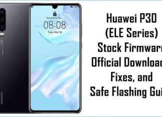 Huawei P30 (ELE Series) Stock Firmware: Official Downloads, Fixes, and Safe Flashing Guide Huawei P30 smartphone next to text detailing stock firmware downloads and flashing guide. The phone shows a blue abstract wallpaper.