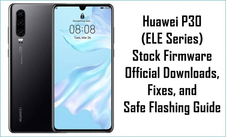 Huawei P30 smartphone next to text detailing stock firmware downloads and flashing guide. The phone shows a blue abstract wallpaper.