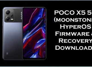POCO X5 5G (moonstone) HyperOS Firmware & Recovery Downloads Promotional banner showing a blue POCO X5 5G (moonstone) smartphone with a red-and-blue abstract wallpaper on the screen against a black background, alongside bold white text reading “POCO X5 5G (moonstone) HyperOS Firmware & Recovery Downloads.