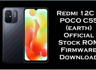 Redmi 12C / POCO C55 (earth) Official Stock ROM Firmware Download Promotional graphic showing a dark gray Redmi 12C / POCO C55 smartphone with a colorful abstract wallpaper on the screen against a black background, alongside large white text that reads “Redmi 12C / POCO C55 (earth) Official Stock ROM Firmware Download.”