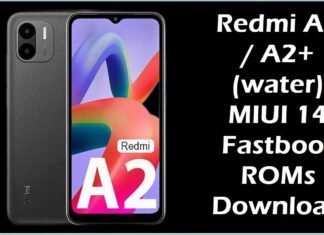 Redmi A2 / A2+ (water) MIUI 14 Fastboot ROMs Download Promotional graphic showing a black Redmi A2 / A2+ smartphone with a colorful abstract “A2” wallpaper on the screen against a black background, alongside bold white text reading “Redmi A2 / A2+ (water) MIUI 14 Fastboot ROMs Download.”