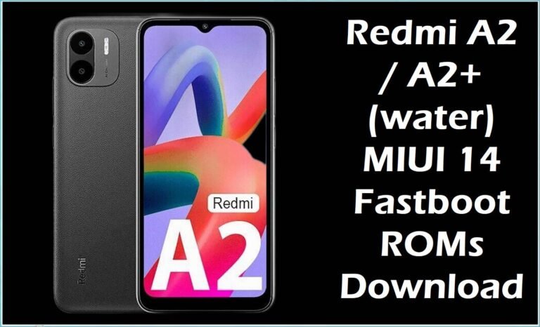 Promotional graphic showing a black Redmi A2 / A2+ smartphone with a colorful abstract “A2” wallpaper on the screen against a black background, alongside bold white text reading “Redmi A2 / A2+ (water) MIUI 14 Fastboot ROMs Download.”